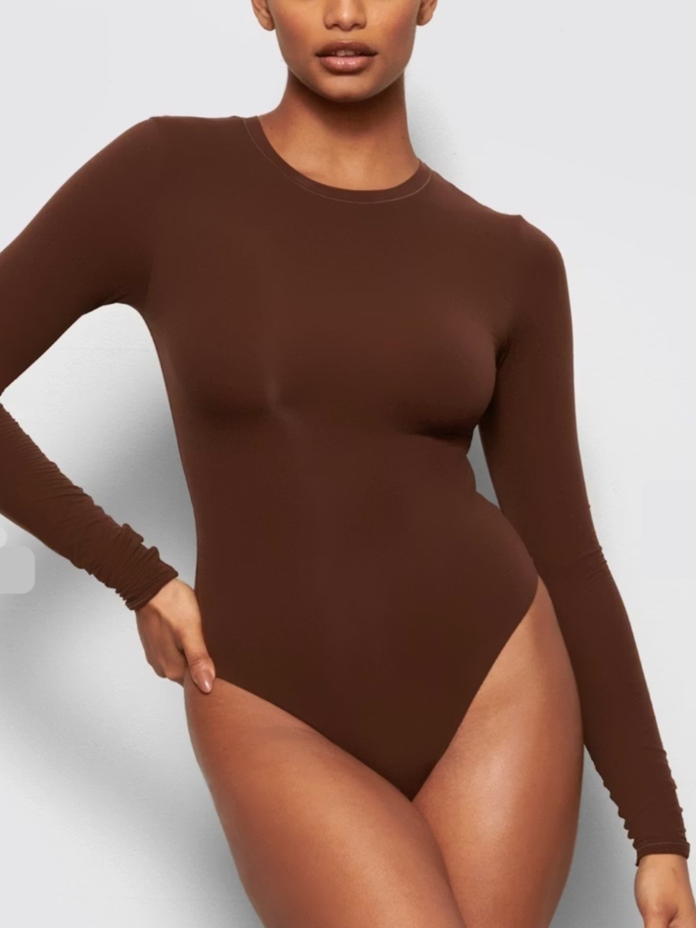 Skims Women's 'Fits Everybody Long Sleeve Crew Neck Bodysuit' in 'Cocoa' Brown